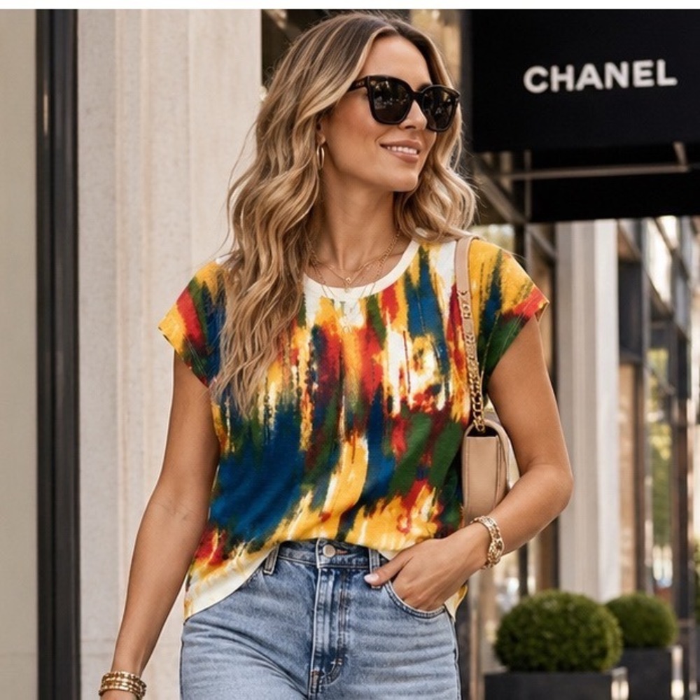 Investments Petites Multi Color Abstract Beaded Cotton Slub Top PM NEW